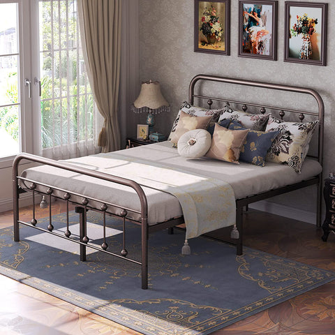 Homfa Full Size Metal Bed Frame, Heavy Duty Steel Slats with Headboard, No Box Spring Needed, Antique Brown
