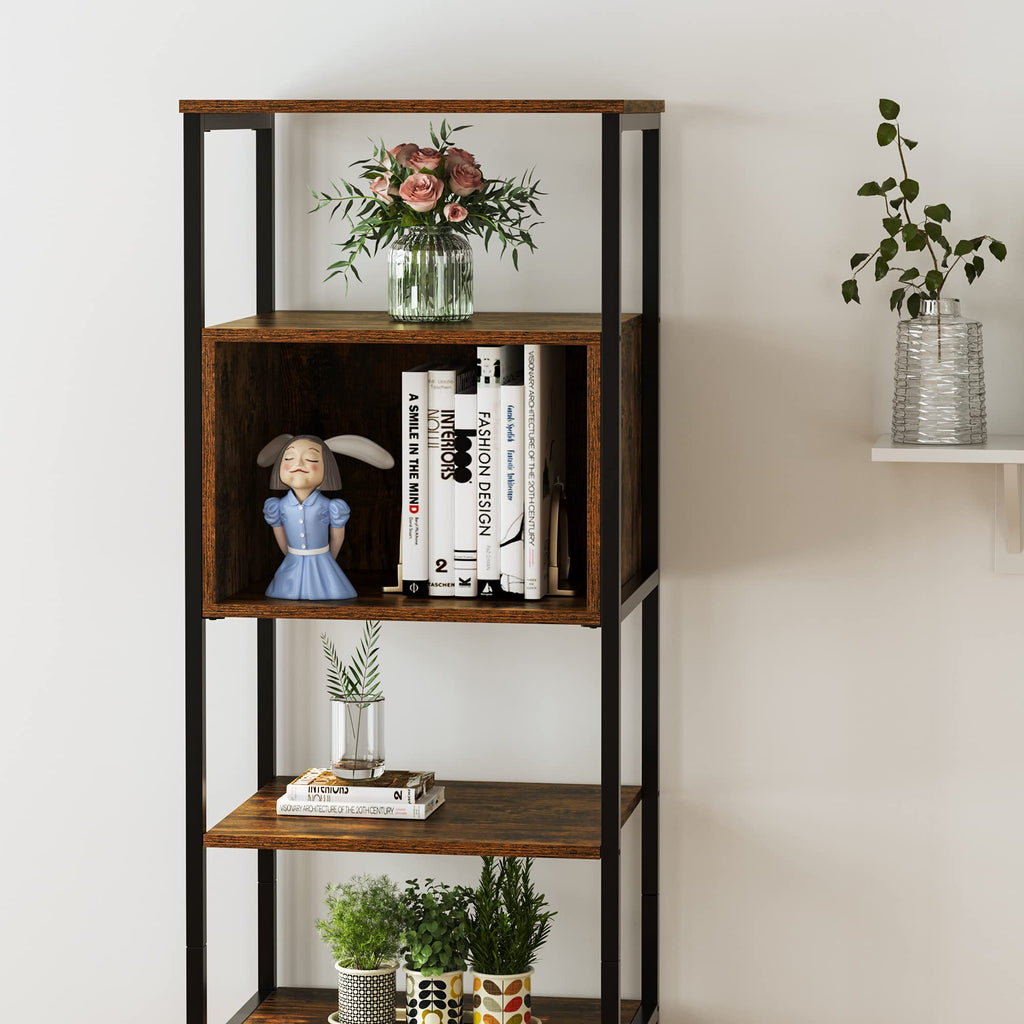 Himimi 6 Tier Industrial Bookshelf, 71 Tall Steel Structure + Wood Board Rustic Bookshelf with Wall Anchor, Multipurpose Shelf Unit, Op