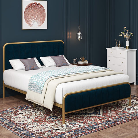 Homfa Queen Size Bed Frame, Round Metal Tube Heavy Duty Bed Frame with Tufted Upholstered Headboard, Gold and Blue