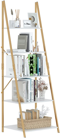 Homfa Ladder Shelf, 5 Tier Modern Bookcase, Multifunctional Bookshelf Storage Rack, Plant Flower Stand, Gold and White