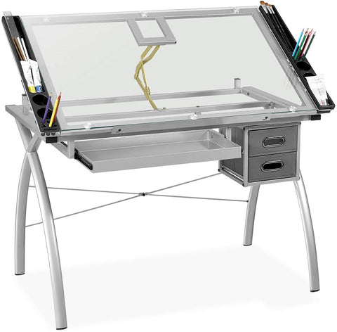 Homfa Height Adjustable Drafting Table, X-Cross Glass Top Drawing Table Art Desk Hobby Table Writing Desk Art and Craft Station with Drawers and Tray, 43.3" L x 28.3" W x 31.5" H, Silver