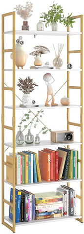 Homfa 6 Tier White and Gold Bookshelf, Free-Standing Storage Shelf with Metal Frame, Tall Organizer Unit for Living Room