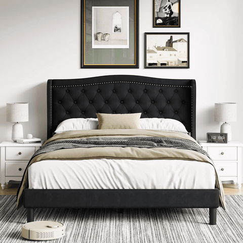 Homfa Queen Bed Frame, Modern Bed Frame with Wing-Back Button Tufted Upholstered Headboard, Wood Slat Support, Black