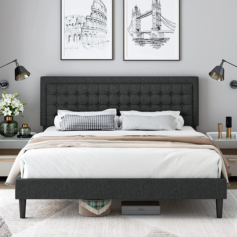 Homfa King Bed Frame, Button Tufted Upholstered Platform with Adjustable Headboard, Mattress Foundation with Sturdy Frame, No Box Spring Needed, Easy Assembly, Dark Grey