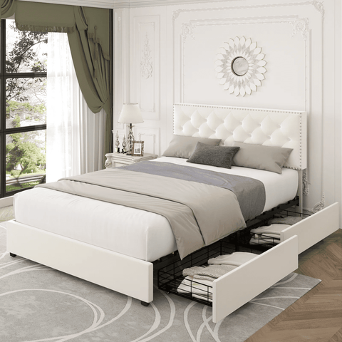 Homfa Queen Size Bed with 4 Storage Drawers, Modern Platform Bed Frame, Velvet Adjustable Upholstered Headboard with Button Tufted, Beige