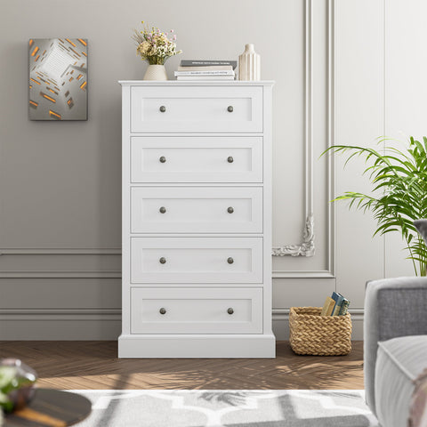 Homfa 5 Drawers Dresser with Sliver Handles, Modern Free Standing Storage Drawer for Bedroom, White Finish