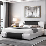 Homfa Queen Size Upholstered Bed Frame with Headboard, Deluxe Faux Leather Modern Platform Bed Frame, Black and White