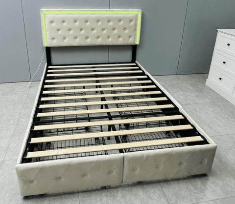 Homfa King LED Bed, 9 Colors LED Lights Platform Bed Frame with 4 Storage Drawers, Adjustable Upholstered Headboard with Button Tufted, Velvet Beige