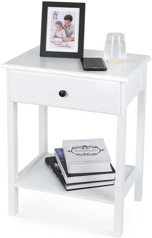 Homfa Wooden Nightstand for Bedroom, Rectangle Sofa Table with Drawer, 2-Tier Side Table for Living Room, White Finish