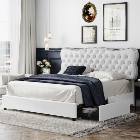 Homfa White King Bed Frame with Drawer, PU Leather Upholstered Storage Platform Bed Frame with Button Tufted Headboard, Noise Free