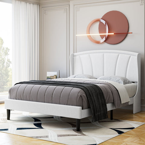 Homfa Queen Size Bed Frame, PU Faux Leather Upholstered Headboard with Wing-back, White