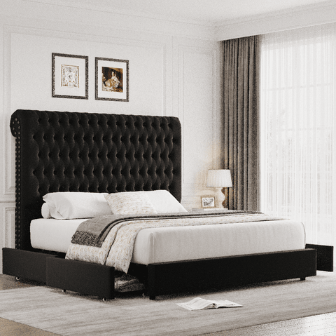 Homfa 54.7" Tall Storage Bed Frame, Queen Size Velvet Button Tufted Upholstered Platform Bed with Rivet Round Rolled Headboard, Black