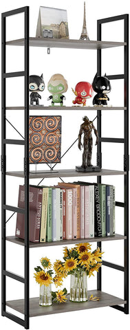 Homfa 5-Tier Gray Bookshelf, Free Standing Tall Bookshelf with Black Metal Frame for Living Room, Gray Finish