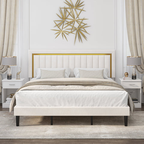 Homfa King Size Bed, Flannel Upholstered Headboard with Gold Striped Platform Bed Frame, White Finish