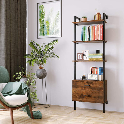 4-layer Ladder Bookshelf with 2 Drawers, Free Standing Cabinet Storage Display Unit, Rustic Brown Finish