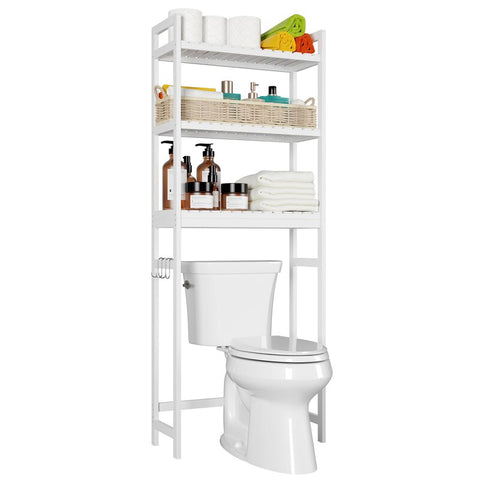 Homfa Solid Wood Over-The-Toilet Storage with 3 Shelves 4 Hooks for Bathroom, White