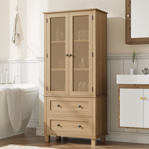 Homfa Bathroom Cabinet with Rattan Doors, Rattan Linen Storage Cabinet with 2 Drawers, Oak