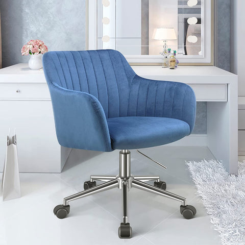 Velvet Accent Chair, Height-Adjustable Home Office Desk Chair with Chrome-Finished Stainless-Steel Base, Leisure Vanity Chair Makeup Chair Reception Chair, Blue