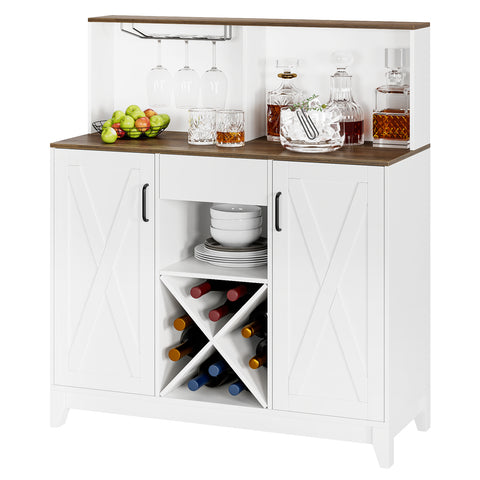 Homfa Wine Bar Cabinet with Hutch, Farmhouse Storage Cabinet with Wine Rack, Buffet Sideboard for Dining Room, White