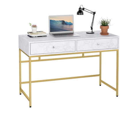 Homfa Computer Desk Console Table PC Table Workstation for Home Office, Makeup Dressing Table, Wood Vanity Desk with 2 Drawers, Gloss White Marbling Finish and Solid Golden Metal Legs, White/Gold
