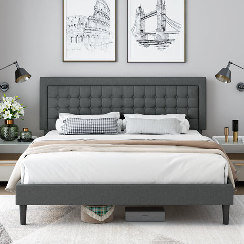Homfa King Bed Frame, Button Tufted Upholstered Platform with Adjustable Headboard, Mattress Foundation with Sturdy Frame, No Box Spring Needed, Easy Assembly, Dark Grey