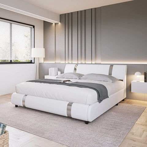 Homfa King Size Bed Frame, Modern Leather Upholstered Platform Bed Frame with Adjustable Headboard, White