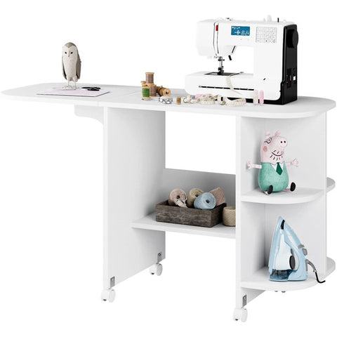 Folding Sewing Table, Sewing Machine Table with Storage Shelves, Rolling Sewing Cabinet with Lockable Casters, Sturdy Multifunctional Wood Craft Station, White