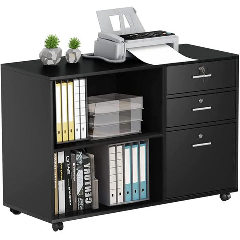 3 Drawer File Cabinet with Lock, Mobile Lateral Filing Cabinet with Rolling Wheels, Large Printer Stand with Open Storage Shelves for Home Office (Black)