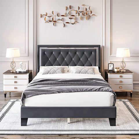 Homfa Full Size Bed with Adjustable Headboard, Diamond Tufted Upholstered Platform Bed Frame , Gray