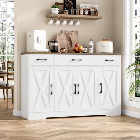 Homfa 55.1¡®¡¯ Farmhouse Kitchen Sideboard, 4-Doors 3-Drawers Wood Buffet Cabinet with Adjustable Shelves, White