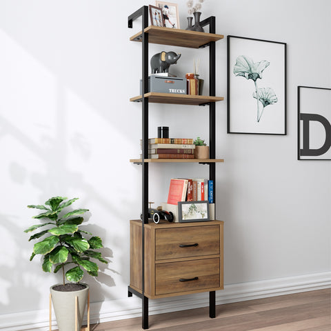 Homfa Industrial Bookshelf with Drawers, 4-shelf Tall Shelf Wall Mount Ladder Bookcase Cabinet with Storage, Rustic Brown Finish