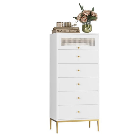 Homfa 6 Drawer White Gold Dresser, 55.1" Tall Chest of Drawers with Glass Doors, Wood Storage Cabinet for Bedroom Living Room