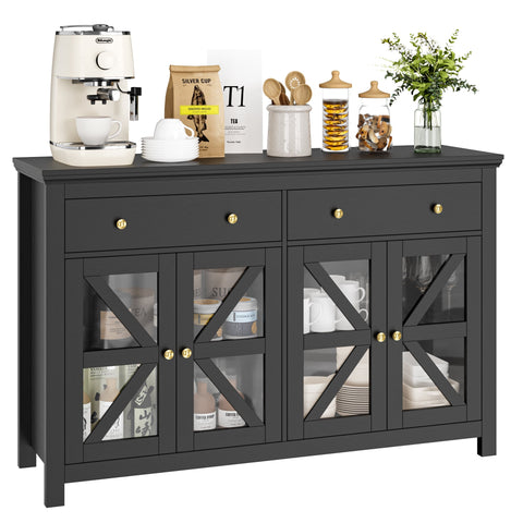 Homfa 2 Drawers Farmhouse Storage Cabinet with 4 Glass Doors, Wood Buffet Sideboard with Adjustable Shelves, Black