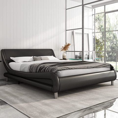 Full Size Faux Leather Upholstered Platform Bed Frame with Adjustable Headboard, Modern Deluxe Low Profile Sleigh Bed Frame, Wave-Like Curve Bed Frame, Wood Slat Support, No Box Spring Needed, Black