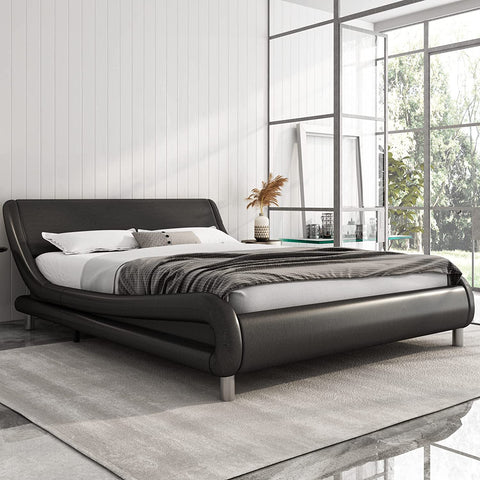 Queen Size Faux Leather Upholstered Platform Bed Frame with Adjustable Headboard, Modern Deluxe Low Profile Sleigh Bed Frame, Wave-Like Curve Bed Frame, Wood Slat Support, No Box Spring Needed, Black