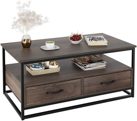 Homfa Coffee Table for Living Room, 43"" Wooden Cocktail Table with Storage Shelf and 2 Drawers, Rustic Center Table for Home Office, Dark Brown