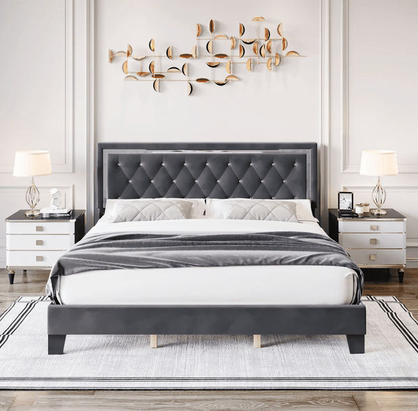 Homfa King Size Bed Frame with Adjustable Headboard, Diamond Tufted  Upholstered Platform Bed, Gray