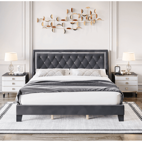 Homfa King Size Bed Frame with Adjustable Headboard, Diamond Tufted Upholstered Platform Bed, Gray
