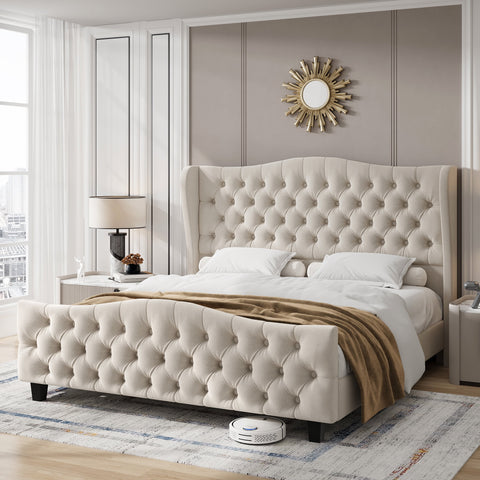 Homfa King Size Bed Frame, 54.3¡± Tall Platform Bed Modern Velvet Tufted Upholstered with Deep Button Wingback Headboard, Beige