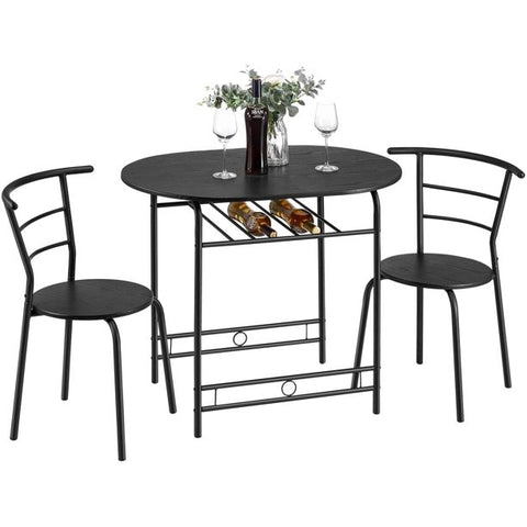 3 Piece Kitchen Table Set Small Space Saving Dining Room Table Set for 2 Chairs with Metal Frame and Shelf Storage, Bistro Table Set Home Breakfast Compact for Apartment, Black