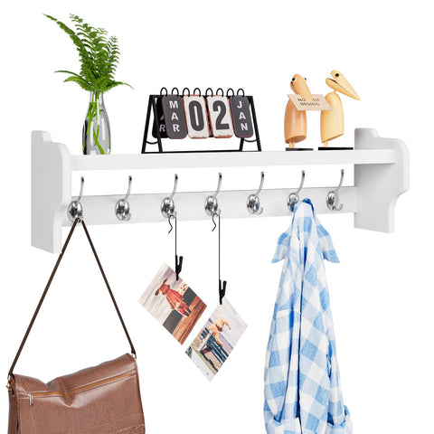 Homfa 31 Inches Coat Hook Shelf, Wall Mounted Coat Rack Hanging Shelf with 6 Dual Metal Hooks for Entryway Hallway Bathroom Living Room Bedroom, White