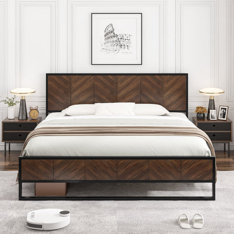 Homfa King Size Bed Frame with Headboard, Strong Steel Wood Platform Bed with Under-Bed Storage Space, No Box Spring Needed, Rustic Brown