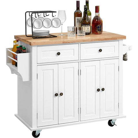 Homfa Kitchen Island Cart on Wheels, Rolling Bar Cart with Storage Cabinet, Rubber Wood Countertop, Lockable Casters, White