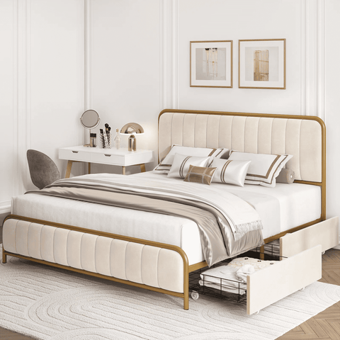 Homfa Queen Size 4 Storage Drawers Bed, Gold Platform Bed Frame with Tufted Upholstered Headboard, Beige