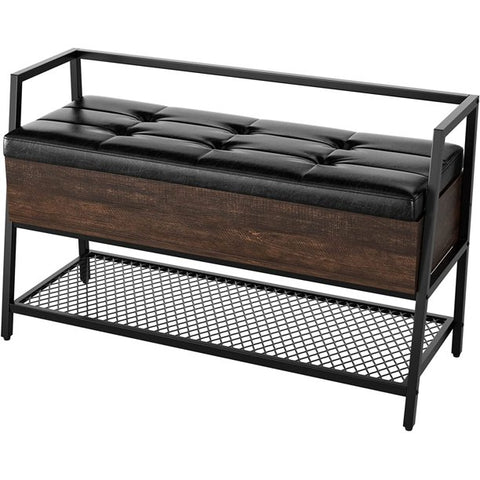 Homfa Shoe Rack Bench with Storage, 39.4" Long Shoe Bench with Tufted Foam Padded Flip Top, Foot Rest Bed End with Leather Padded Seat, Black and Espresso Brown