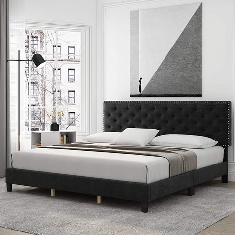 Homfa King Size Bed with Headboard, Modern Upholstered Platform Bed Frame for Bedroom, Black
