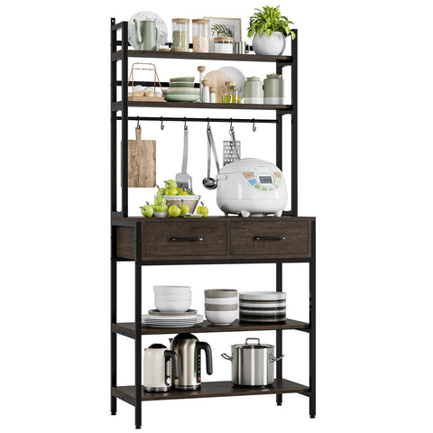 Homfa 5-Tier Kitchen Bakers Rack with 2 Large Drawers, Kitchen Storage Shelf with Hooks, Metal Frame, Black Brown Finish