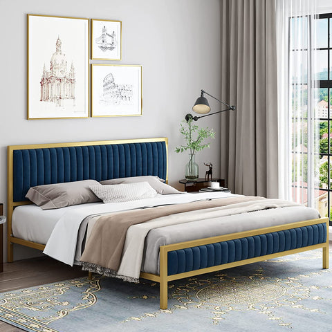 Homfa Queen Bed Frame with Headboard and Footboard, Gold Metal Platform with Sturdy Frame, Mattress Foundation, No Box Spring Needed, Easy Assembly, Gold and Navy Blue