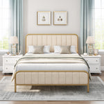 Homfa Queen Size Bed Frame, Metal Tubular Platform Bed Frame with Upholstered Headboard, Beige White