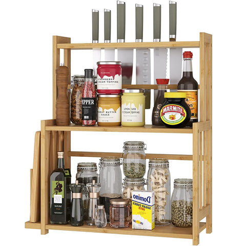 Homfa 3 Tier Standing Spice Rack, Spice Storage Organizer with Knife Holder & Chopping Board Rack, Bamboo Countertop Shelves for Kitchen Bathroom